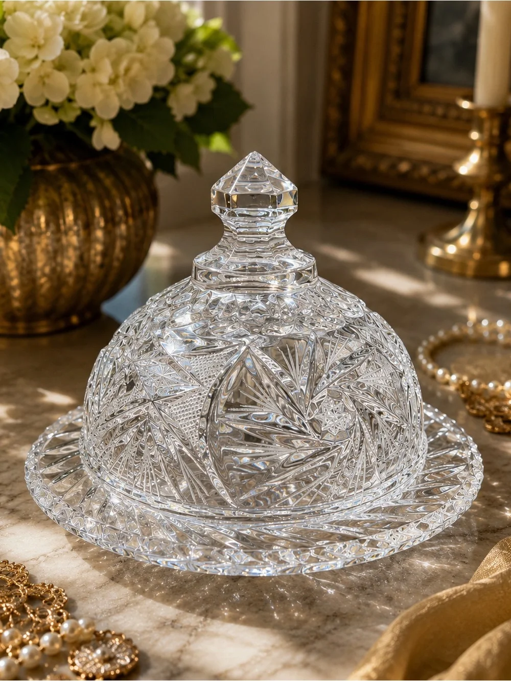 Vtg Cut Crystal Covered Candy Dish Trinket Box – Deep Cut Starburst & Fan